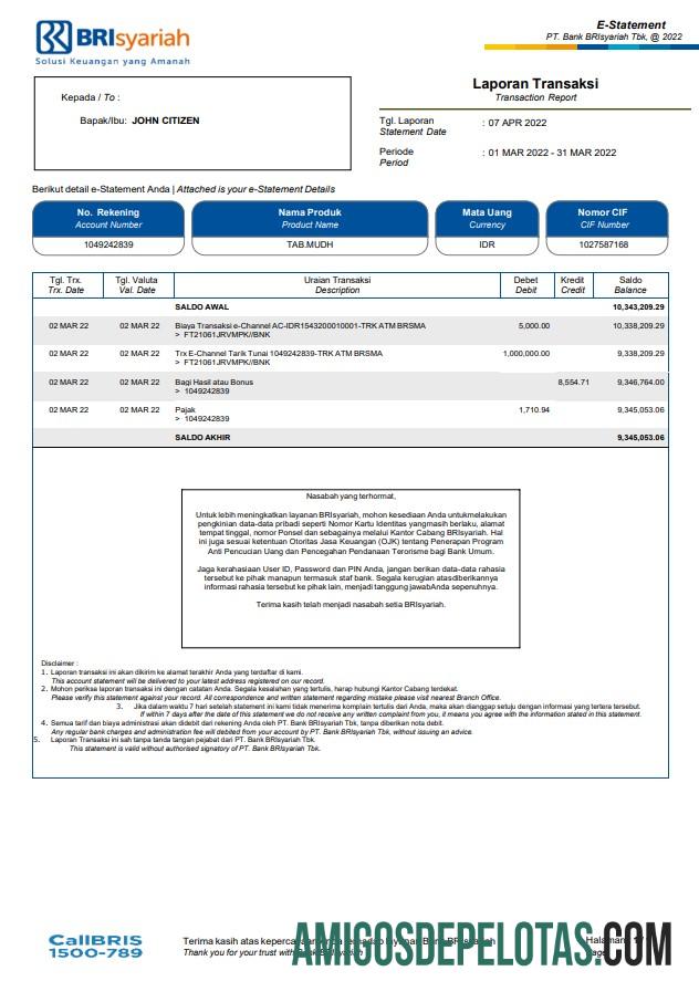 Exemplo de extrato bancário BRI Syariah da Indonésia